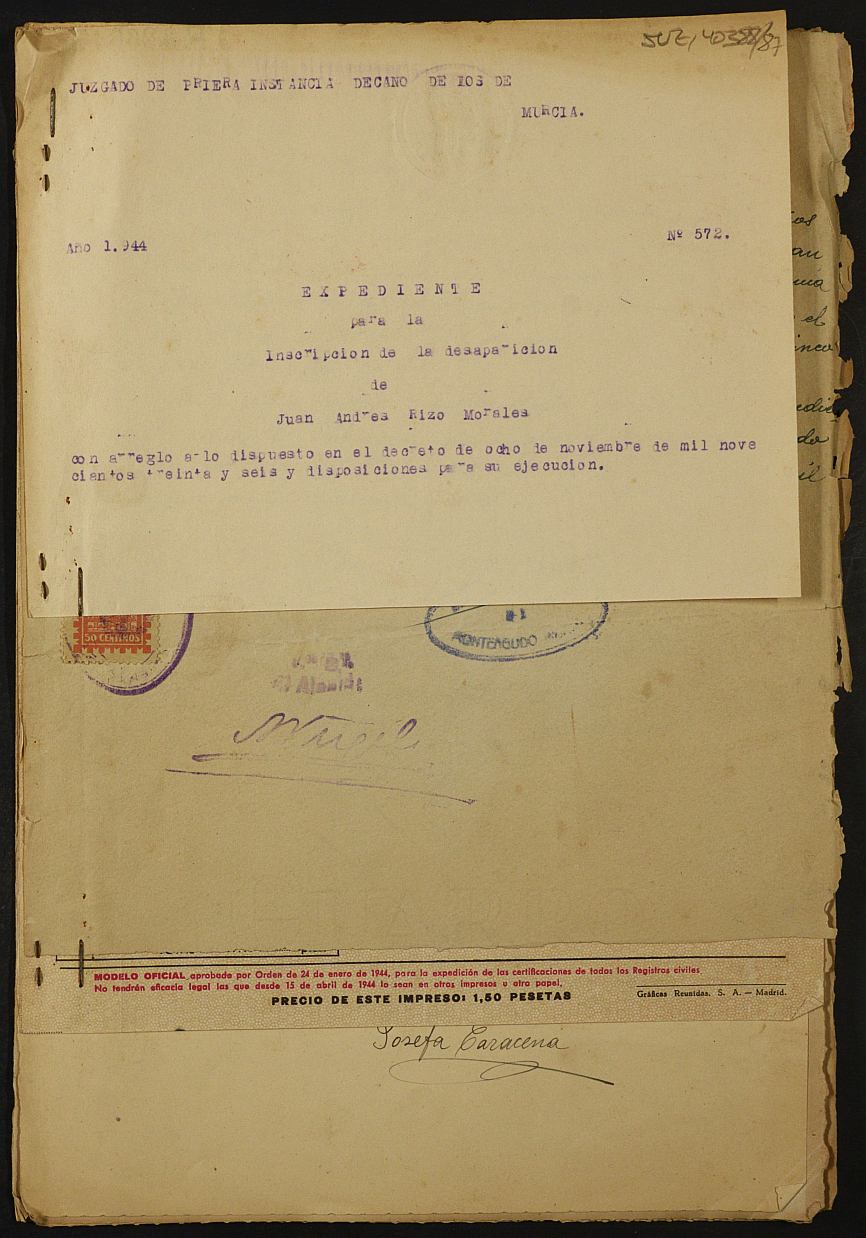 Expediente 572/1944 del Juzgado de Primera Instancia de Murcia para la inscripción en el Registro Civil por la desaparición en el frente de Juan Andrés Rizo Morales.